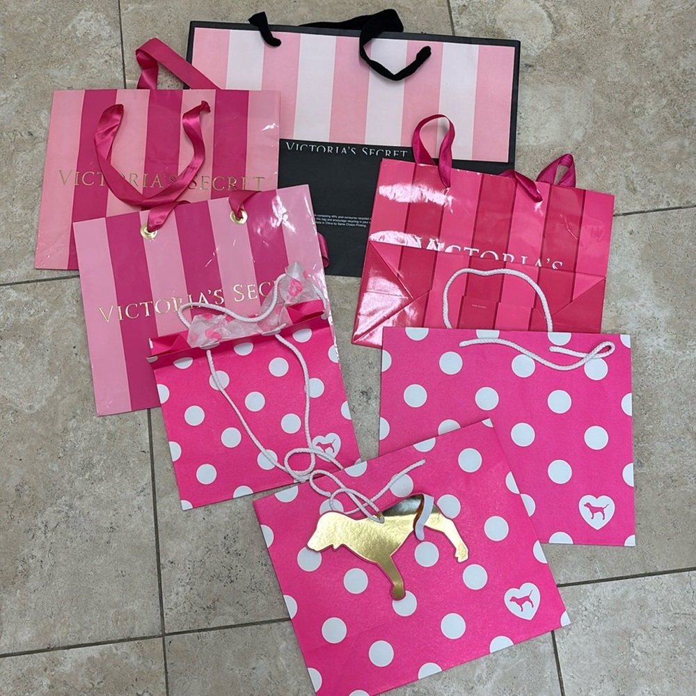 PINK & VICTORIA’S SECRET 6 BAGS various sizes, paper & Shiny ~plastic paper